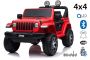 Elektrische auto voor kinderen JEEP Wrangler kinderen elektrische jeep, rood, Dubbele kunstleren zitting, radio met Bluetooth en USB-ingang, 4x4-aandrijving, Lithiumbatterij, EVA-wielen, verende assen, 2,4 GHz afstandsbediening, licentie