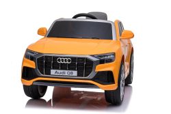 Voiture électrique Audi Q8, orange, sous licence d'origine, Siège en similicuir, portes ouvrantes, moteur 2 x 25 W, batterie 12 V, télécommande 2,4 Ghz, roues EVA douces, lumières LED, démarrage progressif, licence ORIGINALE