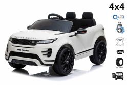 Porteur électrique Range Rover EVOQUE, blanc, siège en similicuir simple, lecteur MP3 avec entrée USB, lecteur 4x4, batterie 12V10Ah, roues EVA, axes de suspension, démarrage à clé, télécommande Bluetooth 2,4 GHz, sous licence