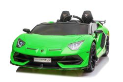Ride électrique sur voiture Lamborghini Aventador 24V pour deux utilisateurs, peinture verte, lecteur MP4, Siège en similcuir, portes à ouverture verticale, moteur 2 x 45W, batterie 24V, 2.4 Ghz RC, roues EVA souples, suspension,