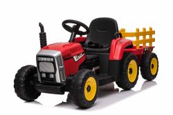 Tracteur électrique WORKERS avec remorque, rouge, traction arrière, Batterie au lithium, roues Plastique, siège large, télécommande 2,4 GHz, lecteur MP3 avec entrée USB, lumières LED