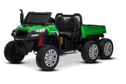 Voiture électrique agricole RIDER 6X6 24V avec transmission intégrale 4x 200W, deux places, verte, batterie lithium, roues EVA, siège double en similicuir, essieux avec suspension, télécommande 2,4 GHz, lecteur MP3 avec entrée USB/AUX, Bluetooth
