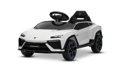 Voiture électrique pour enfants Lamborghini Lanzador 12V avec transmission aux roues arrière, sous licence (une place), blanche, batterie lithium, éclairage LED, siège large, télécommande 2,4 GHz, lecteur MP3 avec entrée USB/AUX et connexion Bluetooth