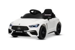 Voiture électrique pour enfants Mercedes CLE 12V avec propulsion arrière, blanche, monoplace, batterie lithium, éclairage LED, siège large, télécommande 2,4 GHz, lecteur MP3 avec entrée USB/AUX et connexion Bluetooth, licence ORIGINALE