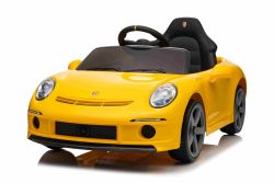 Voiture électrique RUF GT 12V, jaune, portes ouvrantes, télécommande 2,4 GHz, phares LED avant et arrière, entrée USB/Aux, batterie lithium, 2 moteurs de 35W, licence ORIGINALE