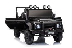 Voiture électrique pour enfants Land Rover Defender 110 SVX 12V, noir, transmission 4X4, phares LED, suspension avant et arrière, télécommande 2,4 GHz, entrée USB/Aux, Bluetooth, batterie lithium, 4 moteurs de 25W, licence ORIGINALE