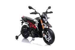 Moto électrique APRILIA DORSODURO 900, avec licence, batterie 12V, roues souples EVA, moteurs 2 x 18W, suspension, cadre en métal, fourche en métal, roues auxiliaires, noir
