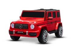 Voiture électrique pour enfants Mercedes-Benz G63 AMG 4x4, deux places, 24V, rouge, lecteur MP3 avec connexion USB/AUX et Bluetooth, transmission 4x4, batterie lithium, roues EVA avec suspension, sièges en similicuir, télécommande, modèle sous licence