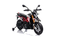 Moto électrique APRILIA DORSODURO 900, avec licence, batterie 12V, roues souples EVA, moteurs 2 x 18W, suspension, cadre en métal, fourche en métal, roues auxiliaires, rouge