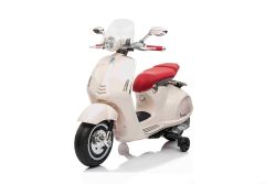 Scooter électrique porteur Vespa 946 avec marche arrière, blanc, Autorisé, roues auxiliaires, Batterie au lithium , 2x Moteurs 30W, Siège en cuir, Lecteur MP3 avec entrée USB