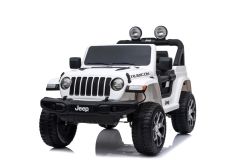 Voiture électrique pour enfants JEEP Wrangler, Blanc, Siège double en similicuir, Radio avec entrée Bluetooth et USB, Transmission 4x4, Batterie au lithium, Roues EVA, Essieux de suspension, Télécommande 2,4 GHz, Licence