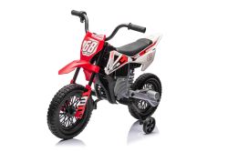 Moto électrique pour enfants MOTOCROSS, Rouge, Batterie 12V, Roues souples EVA, Siège en cuir, Moteur 2 x 25W, Suspension, Cadre en métal, Lecteur MP3 avec Bluetooth, roues auxiliaires