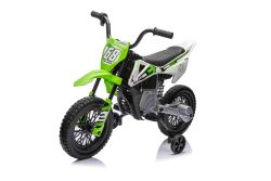 MOTOCROSS Moto électrique pour enfants, Vert, Batterie 12V, Roues souples EVA, Siège en cuir, Moteur 2 x 25W, Suspension, Cadre en métal, Lecteur MP3 avec Bluetooth, roues auxiliaires