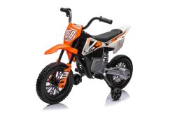 Moto électrique pour enfants MOTOCROSS, Orange, Batterie 12V, Roues souples EVA, Siège en cuir, Moteur 2 x 25W, Suspension, Cadre en métal, Lecteur MP3 avec Bluetooth, roues auxiliaires