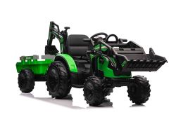 Elektrische tractor TOP-WORKER 12V met bakken en aanhanger, enkele stoel, groen, zacht PU-zitje, MP3-speler met USB-aansluiting, achterwielaandrijving, 2 x 45W motor, EVA-wielen, lithiumbatterij