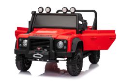 Voiture électrique pour enfants Land Rover Defender 110 SVX 12V, rouge, transmission 4X4, phares LED, suspension avant et arrière, télécommande 2,4 GHz, entrée USB/Aux, Bluetooth, batterie lithium, 4 moteurs de 25W, licence ORIGINALE