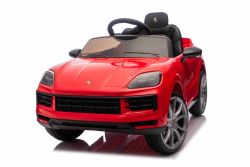 Voiture électrique pour enfants Porsche Cayenne 12V avec traction arrière – Licence officielle (siège unique), rouge, batterie lithium, siège large, essieux suspendus, télécommande 2,4 GHz, lecteur MP3 avec entrée USB/AUX, feux LED