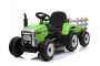 Tracteur électrique WORKERS avec remorque, vert, traction arrière, batterie 12V, roues Plastique, large siège, télécommande 2,4 GHz, lecteur MP3 avec entrée USB + Bluetooth, lumières LED