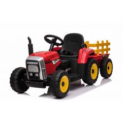 Tracteur électrique WORKERS avec remorque, rouge, traction arrière, batterie 12V, roues Plastique, siège large, télécommande 2,4 GHz, lecteur MP3 avec entrée USB, lumières LED