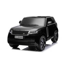 Voiture électrique à chevaucher Range Rover modèle 2023, deux places, noir, sièges en similicuir, radio avec entrée USB, propulsion arrière avec suspension, batterie 12V7AH, roues EVA, démarreur à clé, télécommande 2,4 GHz, sous licence