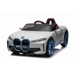 Voiture électrique à chevaucher BMW i4, blanc, télécommande 2,4 GHz, USB/AUX/Bluetooth, suspension de roue arrière, batterie 12V, lumières LED, moteur 2 X 25W, licence ORIGINAL