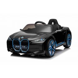 Voiture électrique à chevaucher BMW i4, noire, télécommande 2,4 GHz, USB/AUX/Bluetooth, suspension de roue arrière, batterie 12V, lumières LED, moteur 2 X 25W, licence ORIGINAL