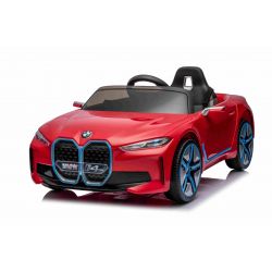 Voiture électrique à chevaucher BMW i4, rouge, télécommande 2,4 GHz, USB/AUX/Bluetooth, suspension de roue arrière, batterie 12V, lumières LED, moteur 2 X 25W, licence ORIGINAL